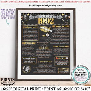 May include: A black and gold printable poster with the text "Back in the Year 1992" and a list of events, hit songs, and people born in 1992. The poster is 16x20 inches.