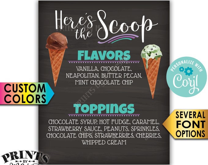 Ice Cream Flavors & Toppings Sign, Here's the Scoop Ice Cream Bar, PRINTABLE 8x10/16x20” Chalkboard Style Sign <Edit Yourself with Corjl>