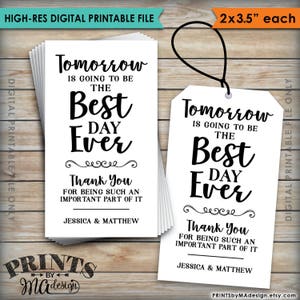 Etiquetas "Mañana será el mejor día de todos", etiquetas para la cena de ensayo, etiquetas para regalo de ensayo de boda, tarjetas de 2 x 3,5" en archivo imprimible de 8,5 x 11"