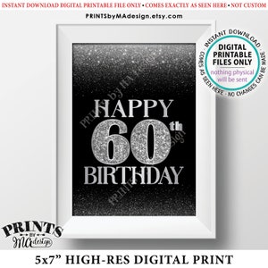 60歳の誕生日カード ブラック＆シルバーグリッター 60歳の誕生日ボケ、60歳の誕生日カード、シルバーグリッター 印刷可能な5x7インチ デジタルファイル <ID>