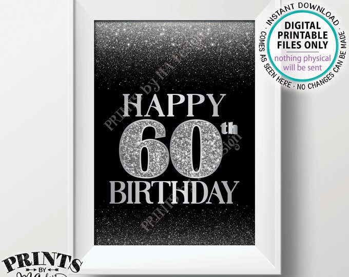 60th Birthday Card Black & Silver Glitter 60th B-day Bokeh, Turning Sixty Birthday Card, Silver Glitter PRINTABLE 5x7" Digital File <ID>
