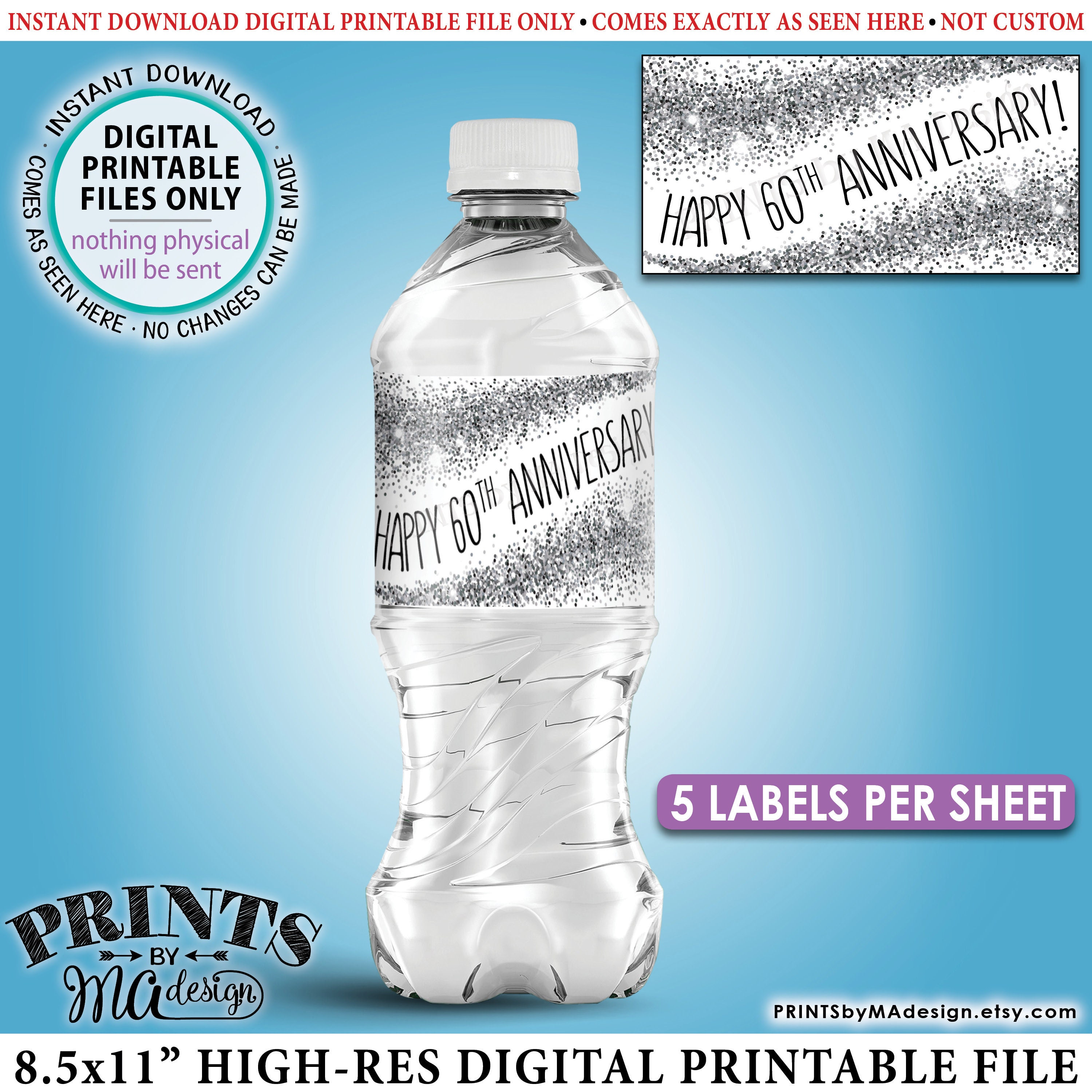 60th anniversary water bottle labels silver glitter anniversary party