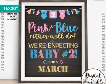 Pregnancy Announcement, Pink or Blue Baby Either Will Do Baby Number 2 due MARCH Dated Chalkboard Style PRINTABLE Baby Reveal Sign <ID>