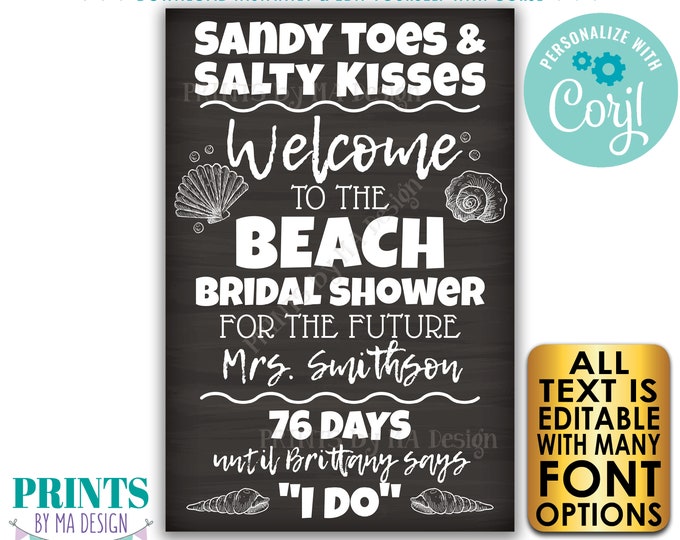 Beach Themed Bridal Shower Welcome Sign, Bridal Shower Countdown, Custom PRINTABLE 24x36” Chalkboard Style Sign <Edit Yourself with Corjl>