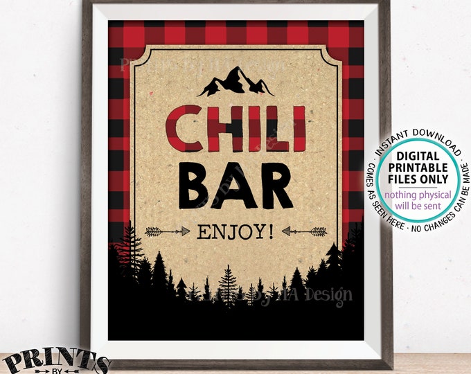 Lumberjack Chili Bar Sign, Chili Station, Red & Black Checker PRINTABLE 8x10” Chili Sign, Buffalo Plaid Decoration, Christmas Trees <ID>