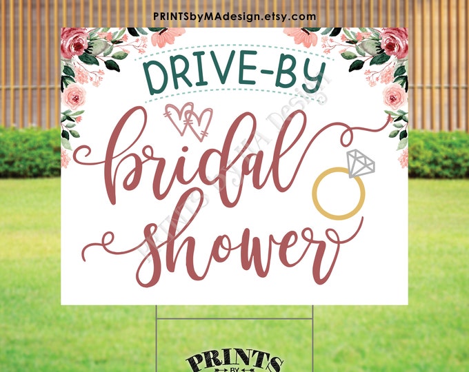 Drive-By Bridal Shower Sign, Wedding Shower Parade, Rose Gold Blush Pink Floral PRINTABLE 16x20” Yard Sign <ID>