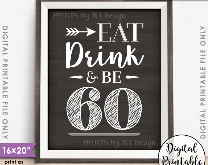 Eat Drink & Be 60, Sixtieth Birthday, Cheers to 60 Years 60th Birthday Party Decor, Instant Download 8x10/16x20” Chalkboard Style Printable