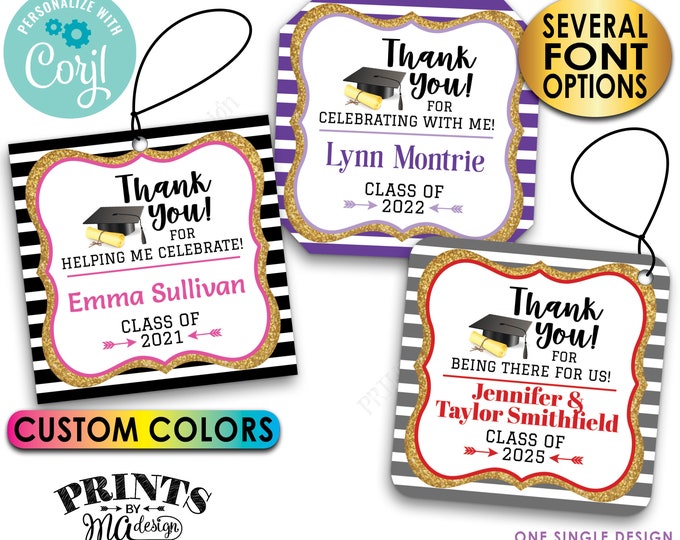 Graduation Thank You Tags, Grad Party Favors, Gold Glitter, Digital PRINTABLE 8.5x11" File of 3" Square Cards <Edit Yourself with Corjl>