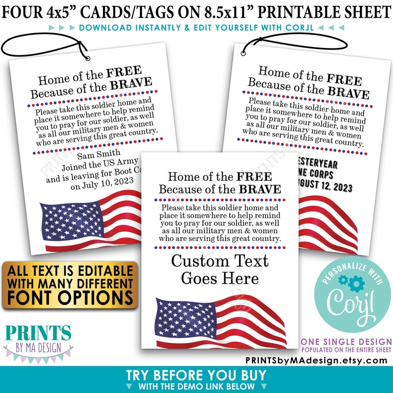 Please Pray for Our US Military Boot Camp Send-off, Take a Soldier, PRINTABLE 8.5x11" Sheet of 4x5" Tags/Cards <Edit Yourself w/Corjl> image 1