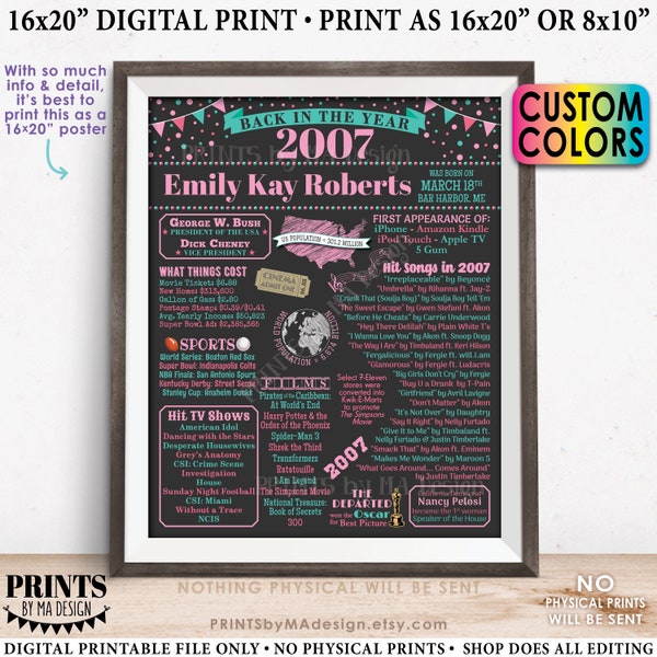 Back in the Year 2007 Birthday Sign, Flashback to 2007 Poster Board, 2007 Birthday Gift, Custom PRINTABLE 16x20” B-day Decoration