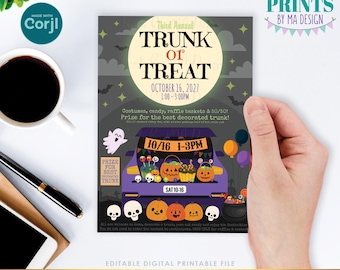 Editable Trunk or Treat Flyer, Halloween Party Invitation, Church, School, Custom PRINTABLE 5x7" Digital File <Edit Yourself with Corjl>