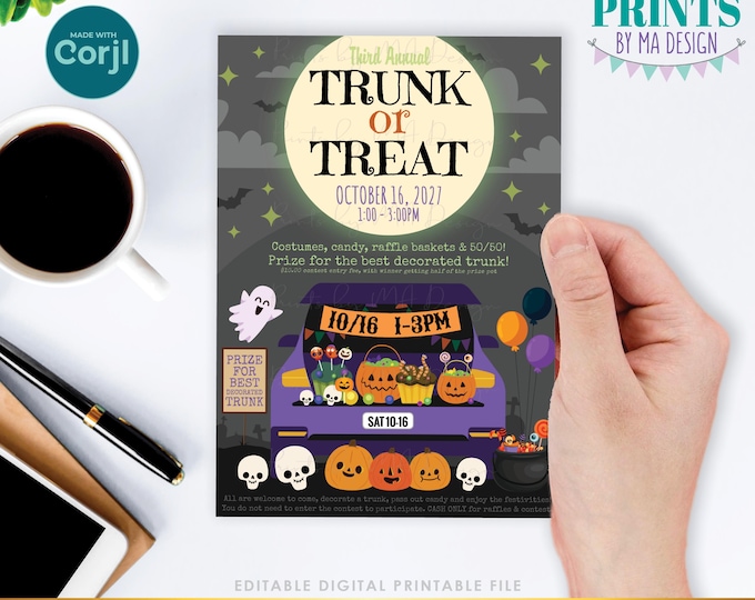 Editable Trunk or Treat Flyer, Halloween Party Invitation, Church, School, Custom PRINTABLE 5x7" Digital File <Edit Yourself with Corjl>
