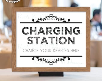 Charging Station Sign, Charge Your Devices Here, Wedding, Recharge Here, Low Battery Charge Bar, B&W PRINTABLE 8x10/16x20” Sign <ID>