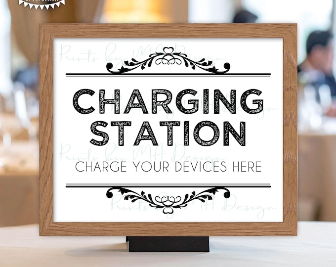 Charging Station Sign, Charge Your Devices Here, Wedding, Recharge Here, Low Battery Charge Bar, B&W PRINTABLE 8x10/16x20” Sign <ID>