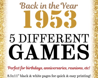 1953 Party Games, Back in the Year 1953 Trivia, Flashback to '53 Games Bundle, Birthday or Anniversary, Five PRINTABLE 8.5x11" Games <ID>