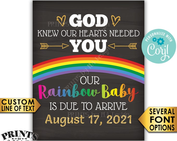 Rainbow Baby Pregnancy Announcement, God Knew Our Hearts Needed You, Chalkboard Style PRINTABLE 8x10/16x20” Sign <Edit Yourself with Corjl>