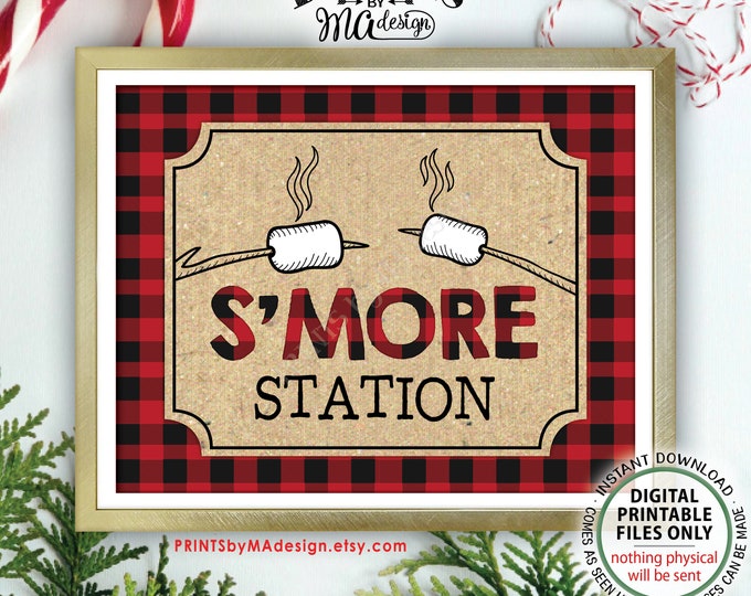 S'more Station Sign, Lumberjack Smore Station, S'mores Bar, Campfire, Red Checker Buffalo Plaid, Christmas, PRINTABLE 11x14” Smore Sign <ID>