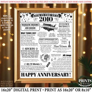 Back in the Year 2010 Anniversary Sign, Flashback to 2010 Anniversary Decor, Anniversary Gift, PRINTABLE 16x20” Poster Board, B&W <ID>