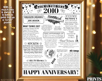 Back in the Year 2010 Anniversary Sign, Flashback to 2010 Anniversary Decor, Anniversary Gift, PRINTABLE 16x20” Poster Board, B&W <ID>
