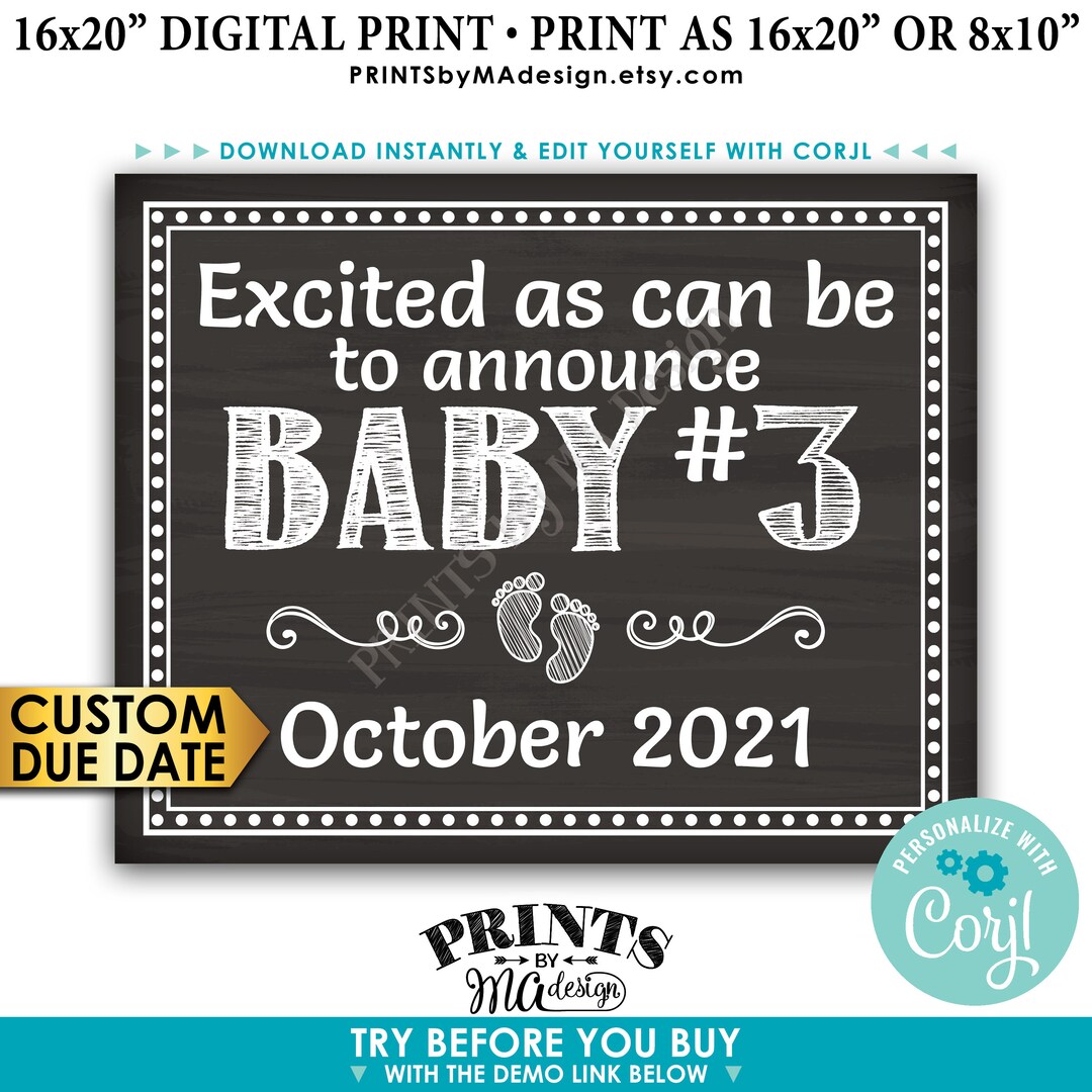 Baby Number 3 Pregnancy Announcement, Excited as Can Be, Chalkboard ...