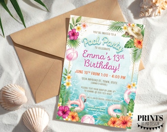 Birthday Pool Party Invitation, Watercolor Style PRINTABLE 5x7" Bday Invite, Flamingo, Hibiscus, Custom Digital File