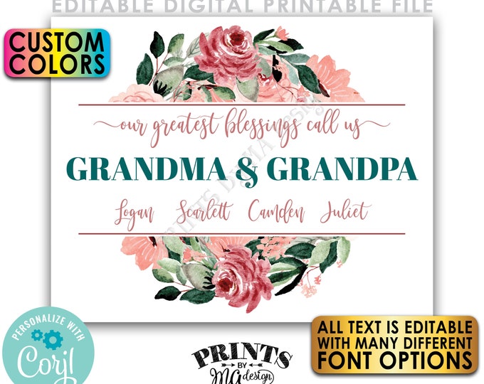 Our Greatest Blessings Call Us Grandma & Grandpa, List of Grandchildren Grandparent Gift, PRINTABLE 8x10/16x20” Sign <Edit Yourself w/Corjl>