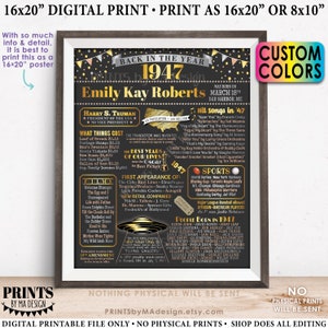 Back in the Year 1947 Birthday Sign, Flashback to 1947 Poster Board, 1947 Birthday Gift, Custom PRINTABLE 16x20” B-day Decoration
