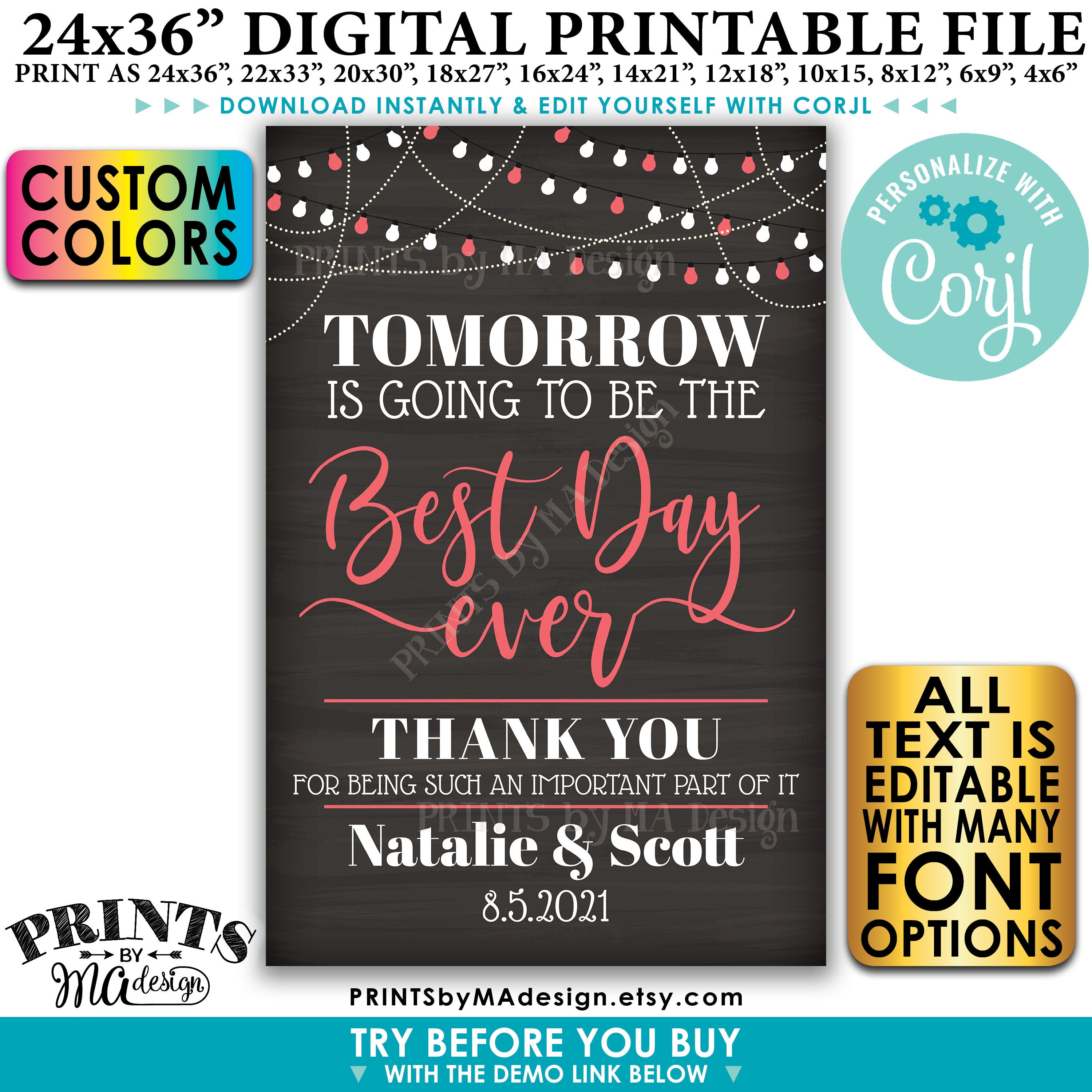 Tomorrow Is Going To Be The Best Day Ever Printable 24x36 Chalkboard Style Wedding Rehearsal Dinner Sign Lights