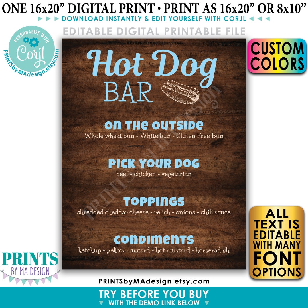 Editable Hot Dog Sign, Custom Hot Dog Bar Menu, Build a Frankfurter