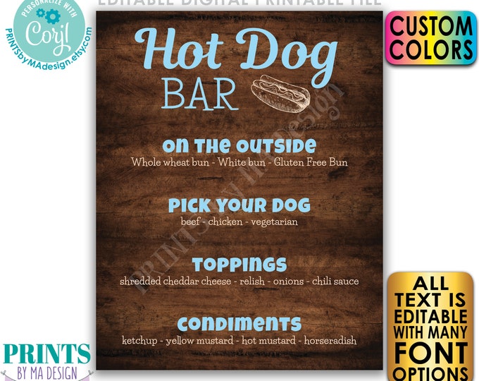Editable Hot Dog Sign, Custom Hot Dog Bar Menu, Build a Frankfurter, PRINTABLE 8x10/16x20” Rustic Wood Style Sign <Edit Yourself w/Corjl>