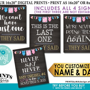 4th Baby Pregnancy Announcement, Never Doing This Again, Our Last One, Pink & Blue PRINTABLE Baby #4 Reveal Signs &lt;Edit Yourself with Corjl&gt;