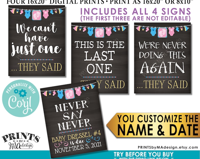 4th Baby Pregnancy Announcement, Never Doing This Again, Our Last One, Pink & Blue PRINTABLE Baby #4 Reveal Signs <Edit Yourself with Corjl>