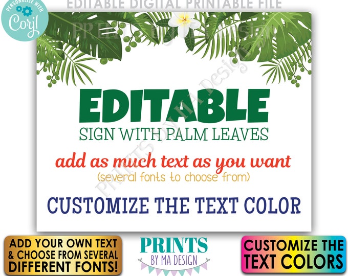 Custom Sign with Tropical Palm Leaves, Choose Your Text, PRINTABLE 8x10/16x20" Landscape Sign, Caribbean Greenery <Edit Yourself with Corjl>