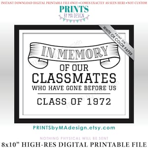 Class of 1972 Reunion Memorial, In Memory of the Classmates Who Have Gone Before Us, Remembrance, PRINTABLE 8x10” Memoriam Tribute Sign &lt;ID&gt;