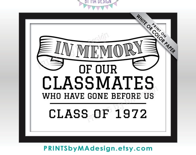 Class of 1972 Reunion Memorial, In Memory of the Classmates Who Have Gone Before Us, Remembrance, PRINTABLE 8x10” Memoriam Tribute Sign <ID>