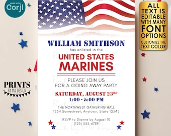 Military Going Away Party Invitation, Boot Camp, Army, Navy, Marines, Air Force, One Custom PRINTABLE 5x7" Invite <Edit Yourself w/Corjl>