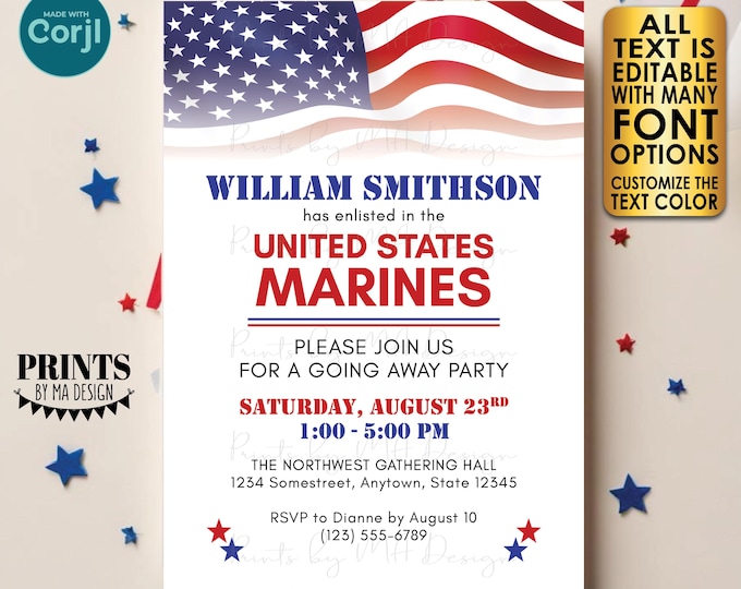 Military Going Away Party Invitation, Boot Camp, Army, Navy, Marines, Air Force, One Custom PRINTABLE 5x7" Invite <Edit Yourself w/Corjl>