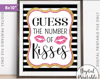 How Many Kisses, Guess the Number of Kisses, Kisses Shower Game, Guess How Many, Black Pink & Gold Glitter PRINTABLE 8x10” Instant Download