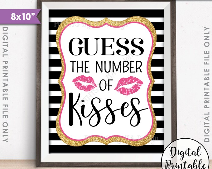 How Many Kisses, Guess the Number of Kisses, Kisses Shower Game, Guess How Many, Black Pink & Gold Glitter PRINTABLE 8x10” Instant Download