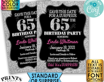 Silver Glitter Birthday Party Save the Date, Surprise or Standard Invite, Custom PRINTABLE 5x7" Digital File <Edit Yourself with Corjl>
