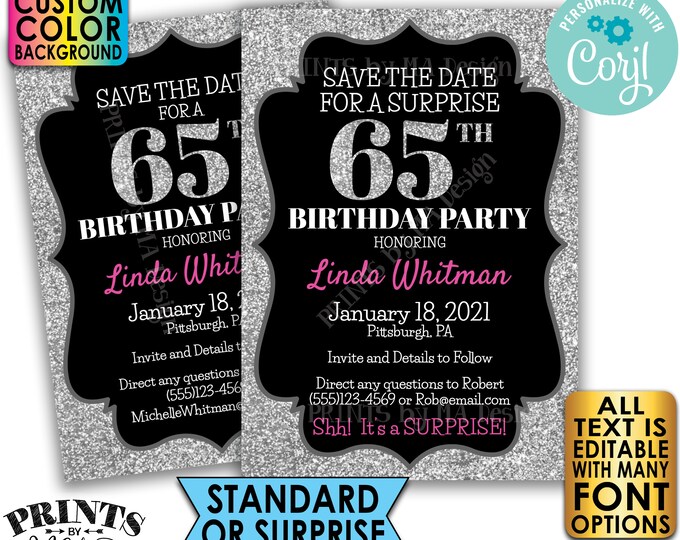 Silver Glitter Birthday Party Save the Date, Surprise or Standard Invite, Custom PRINTABLE 5x7" Digital File <Edit Yourself with Corjl>