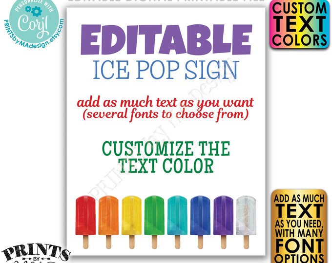 Editable Ice Pops Sign, One Custom PRINTABLE 8x10/16x20” Portrait Sign, Frozen Treats Birthday Party, Choose Text <Edit Yourself w/Corjl>