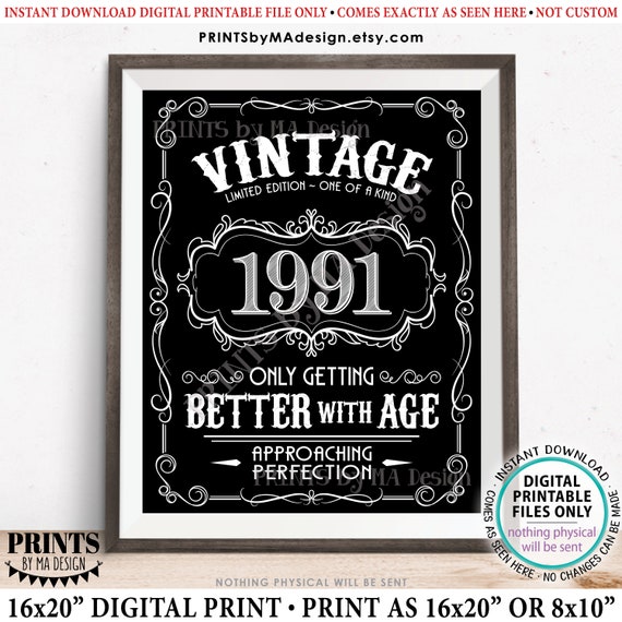 1991 Birthday Sign, Better With Age Vintage Birthday Poster