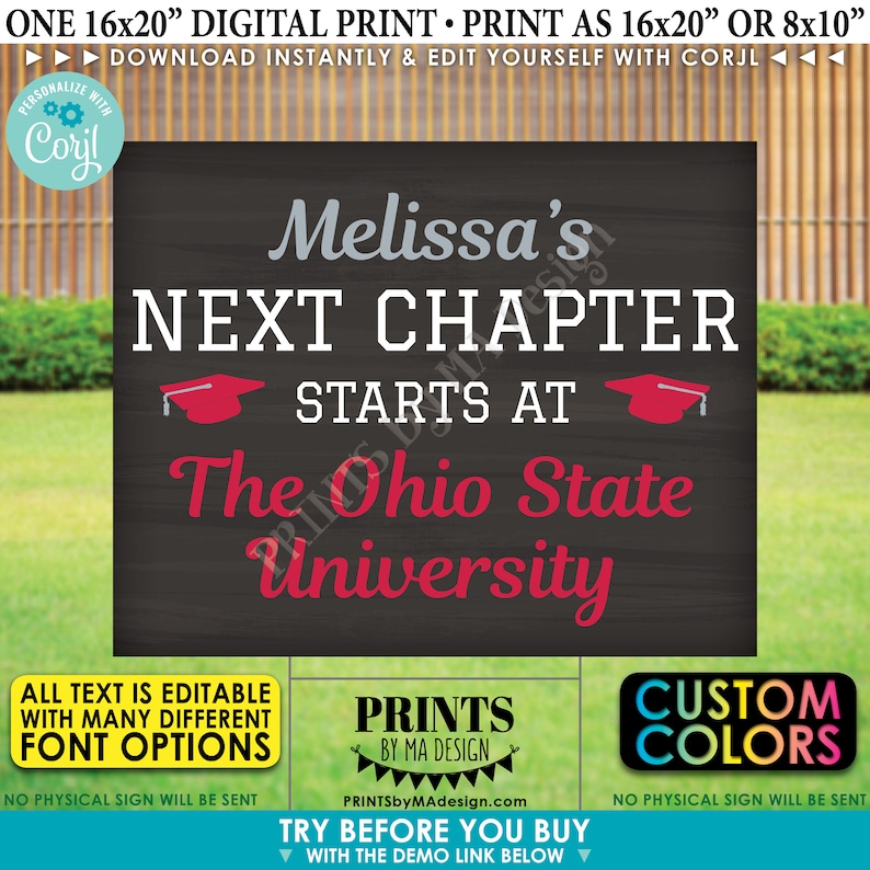 May include: A digital printable sign with a chalkboard background. The text reads "Melissa's Next Chapter Starts At The Ohio State University". The sign is decorated with a graduation cap and the text "Custom Colors".