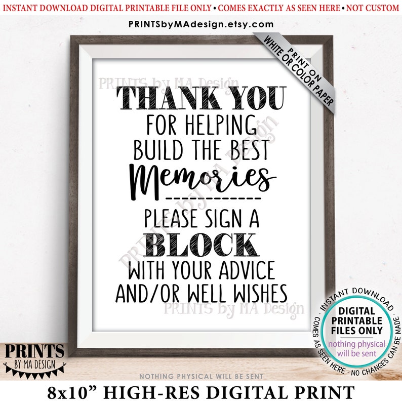 Thank You for Helping Build the Best Memories, Sign a Block with Advice, Graduation or Retirement Party, PRINTABLE 8x10 B&W Sign ID image 1