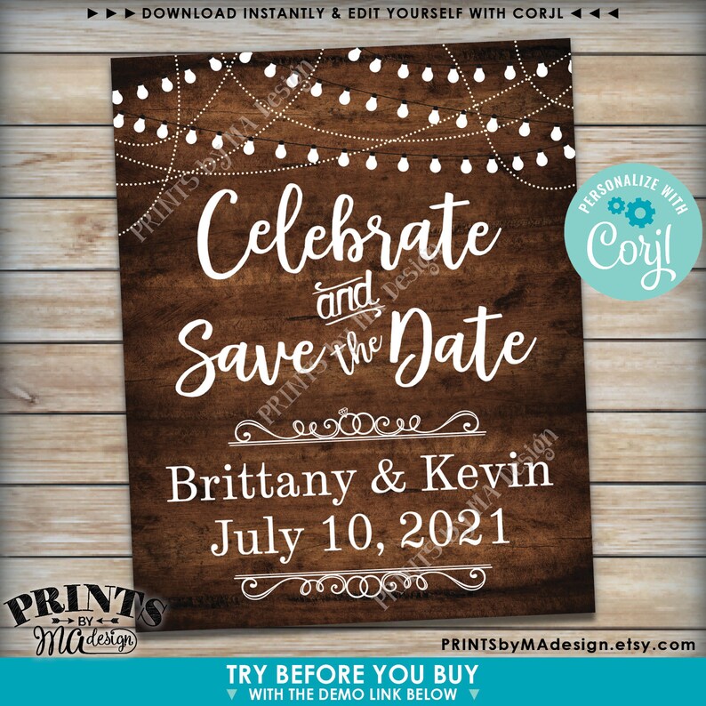 May include: A rustic wood background with a white string of lights, a white text overlay that says "Celebrate and Save the Date", the names "Brittany & Kevin" and the date "July 10, 2021".