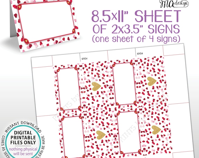 Valentine's Day Labels, Valentine's Place Cards, Table Tent Buffet Signs, Red and Pink Hearts Food Menu Tags, PRINTABLE 8.5x11” Sheet <ID>