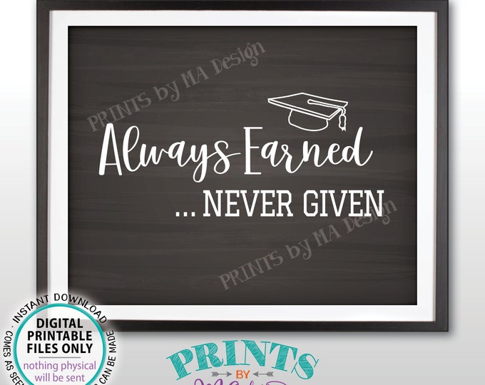 Always Earned Never Given Graduation Quote, Graduation Party Decorations, Graduate Sign, PRINTABLE 8x10” Chalkboard Style Sign <ID>