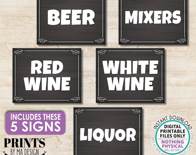 Beverage Station Graduation Party Drinks, Beer, Mixers, Liquor, Wine, 5 Chalkboard Style PRINTABLE 8x10/16x20” Grad Cap Corners Signs <ID>