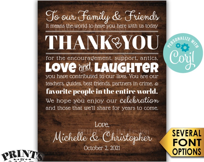 Wedding Thank You Sign, Thank Family and Friends, Custom PRINTABLE 8x10/16x20” Rustic Wood Style Wedding Sign <Edit Yourself with Corjl>